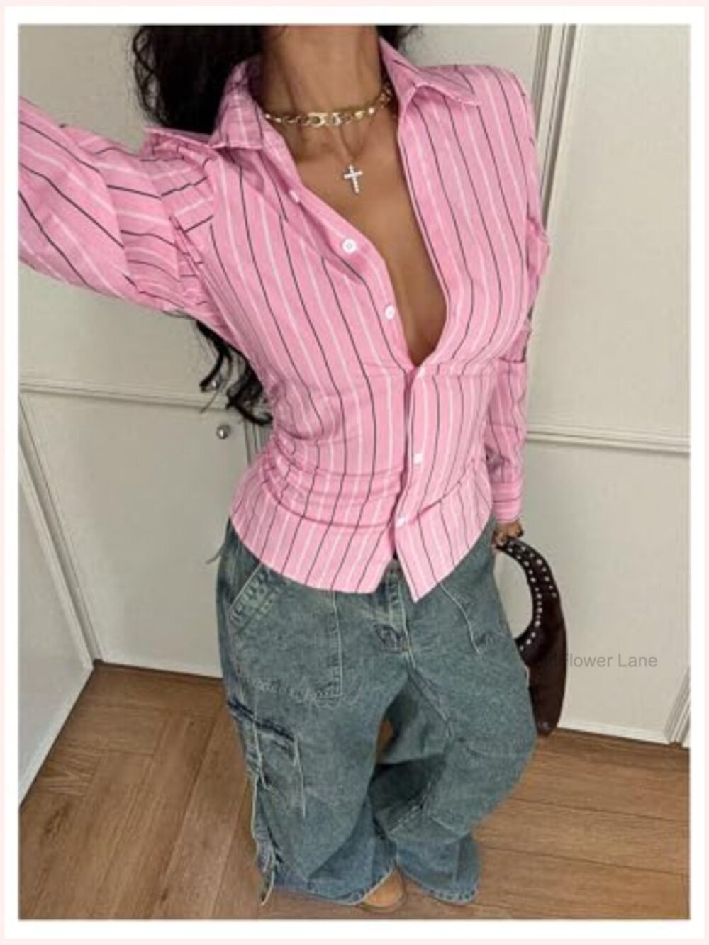 Striped Cinch Waist Long Sleeve Ruched Button Up Blouse Dressy Streetwear - Picture 6 of 6